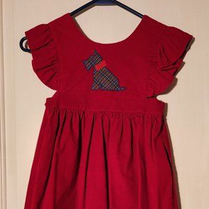 Holiday Red Girls size 6 Corduroy Ruffle sleeve Jumper with plaid terrier